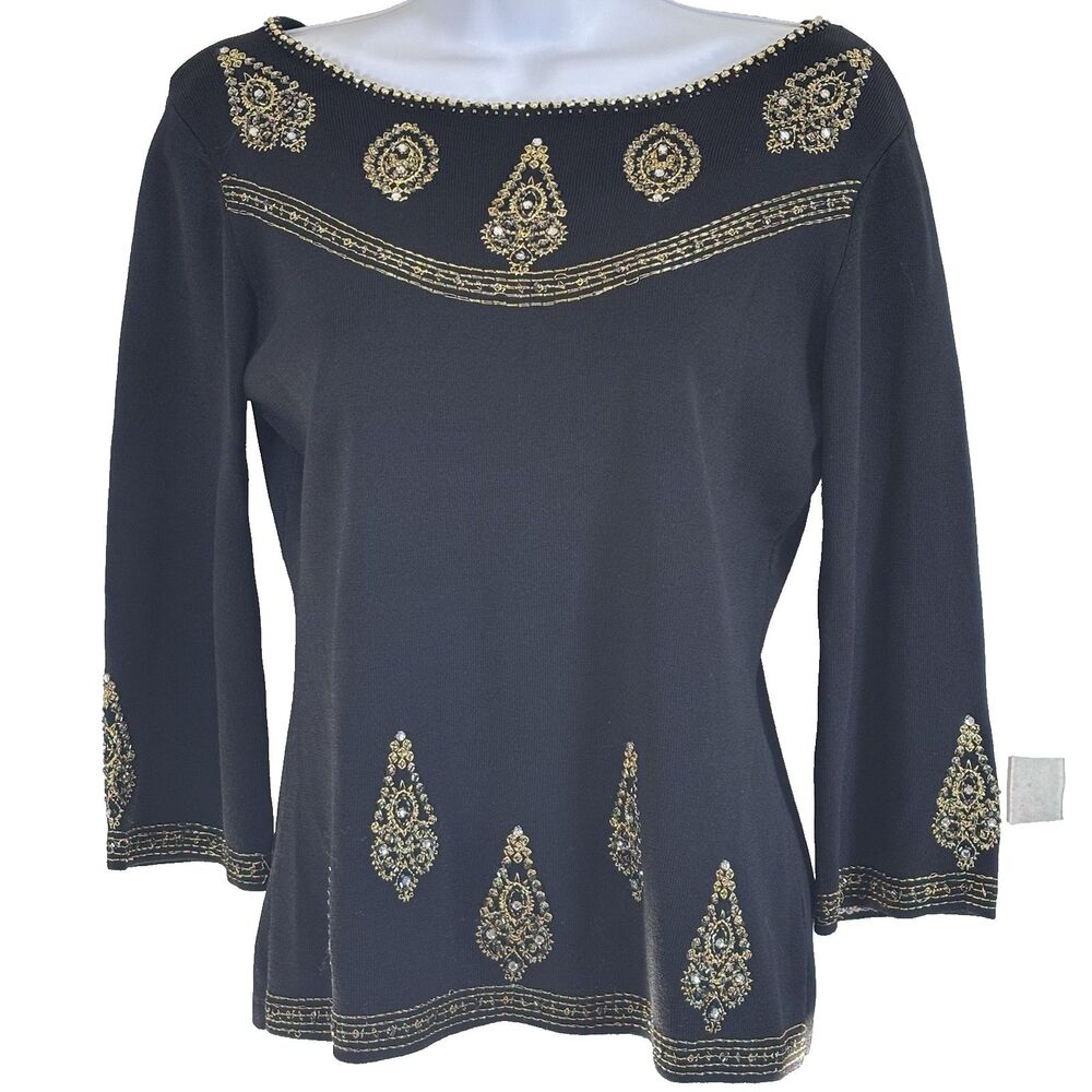 Joseph A Black Knit Beaded Embellished Top Gold Embroidery Medium Vintage Y2K